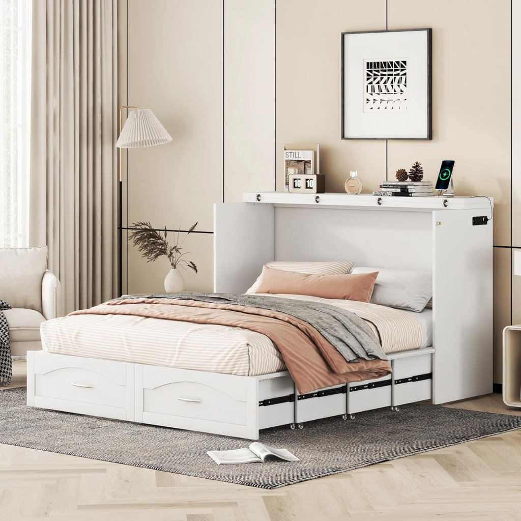 Transformable Queen/Full Size Murphy Wall Bed with Drawers, Sockets & USB Ports: The Space-Saving Marvel